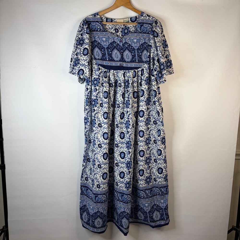 Vermont Country Store Muumuu Dress Women 2X Blue Floral Paisley Cotton Pockets